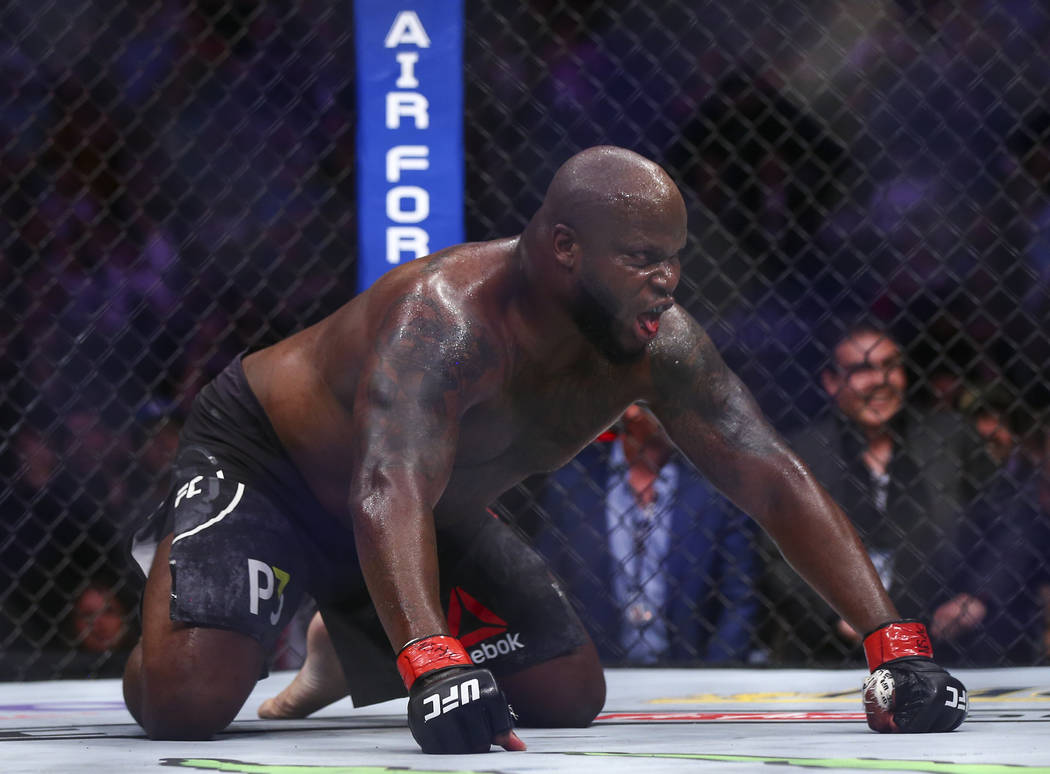 Derrick Lewis celebrates his knockout win over Alexander Volkov in their heavyweight bout at UFC 229 at T-Mobile Arena in Las Vegas on Saturday, Oct. 6, 2018. Chase Stevens Las Vegas Review-Journa ...