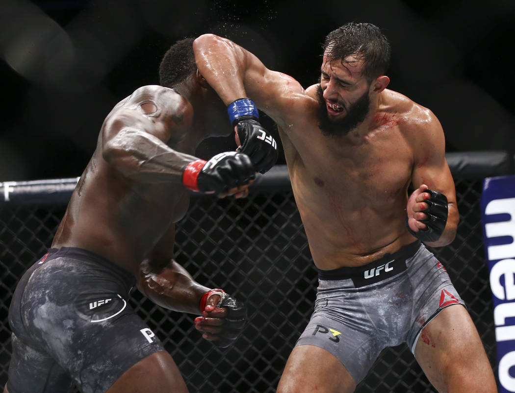 Ovince Saint Preux, left, fights Dominick Reyes during their light heavyweight bout at UFC 229 at T-Mobile Arena in Las Vegas on Saturday, Oct. 6, 2018. Chase Stevens Las Vegas Review-Journal @css ...