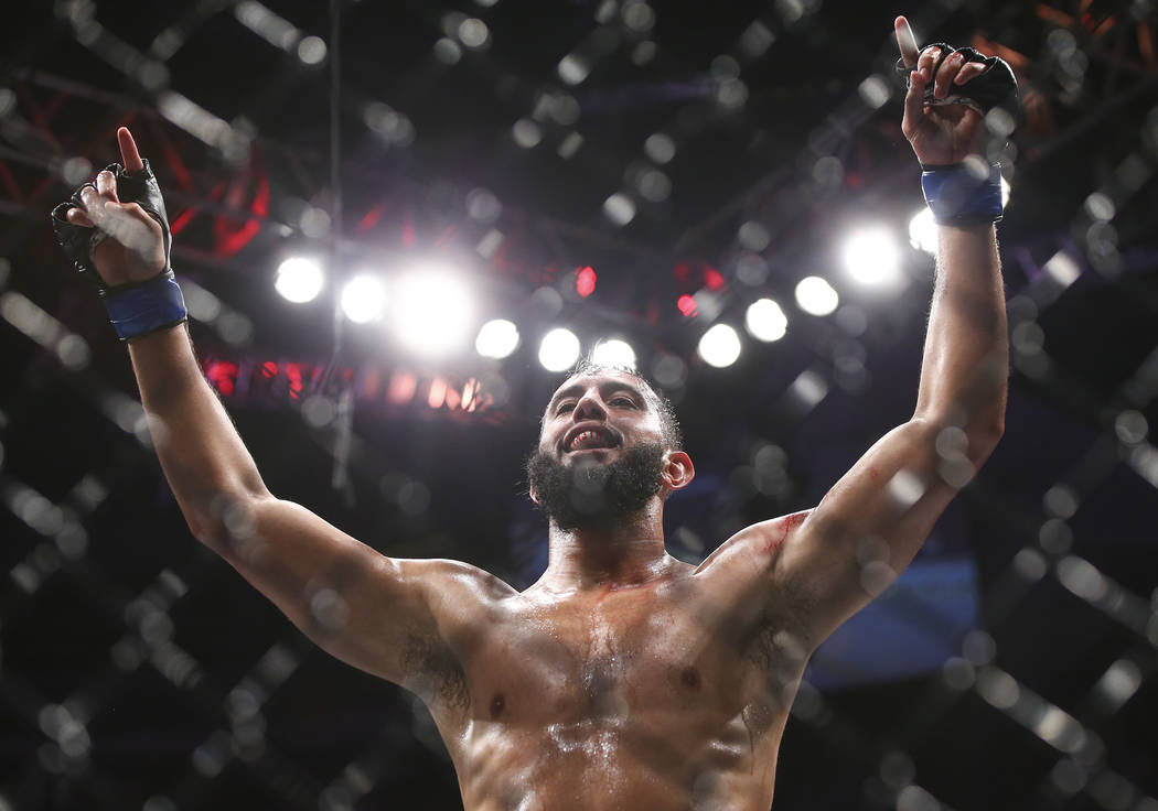 Dominick Reyes celebrates his defeat over Ovince Saint Preux in their light heavyweight bout at UFC 229 at T-Mobile Arena in Las Vegas on Saturday, Oct. 6, 2018. Chase Stevens Las Vegas Review-Jou ...