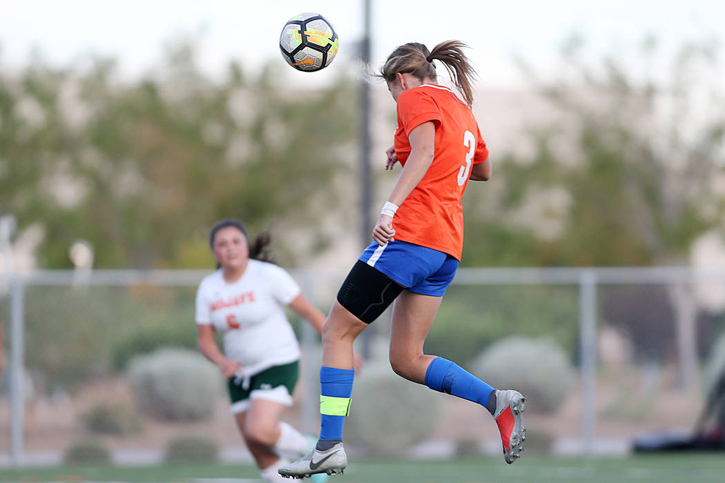 Bishop Gorman's Ashtyn Fink (3) connects with ball for a score against Mojave in the girls soccer game at Bishop Gorman High School in Las Vegas, Friday, Sept. 28, 2018. Erik Verduzco Las Vegas Re ...