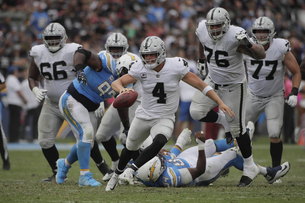 Oakland Raiders quarterback Derek Carr runs with the ball during an NFL football game against the Los Angeles Chargers Sunday, Oct. 7, 2018, in Carson, Calif. (AP Photo/Jae C. Hong)