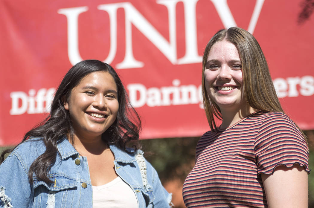 Jessica Gonzales, left, and Makenzi Solis at UNLV in Las Vegas, Thursday, Sept. 27, 2018. Both women are fellows for the Nevada Institute on Teaching and Educator Preparation's new program called ...