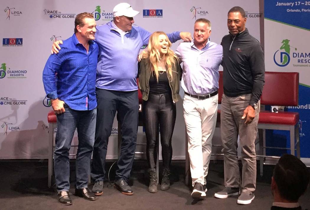 From left, former 9-time NHL all star Jeremy Roenick, former Redskins Superbowl MVP Mark Rypien, country singer Lindsay Ell, Diamond Resorts International executive Bryan Ingrande and former Raide ...