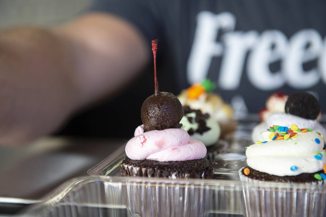 A container of cupcakes sits on top of the counter at Freed's Bakery at its newest location at 6475 N. Decatur Blvd. in the Shadow Mountain Marketplace, just north of the northern 215 Beltway in L ...