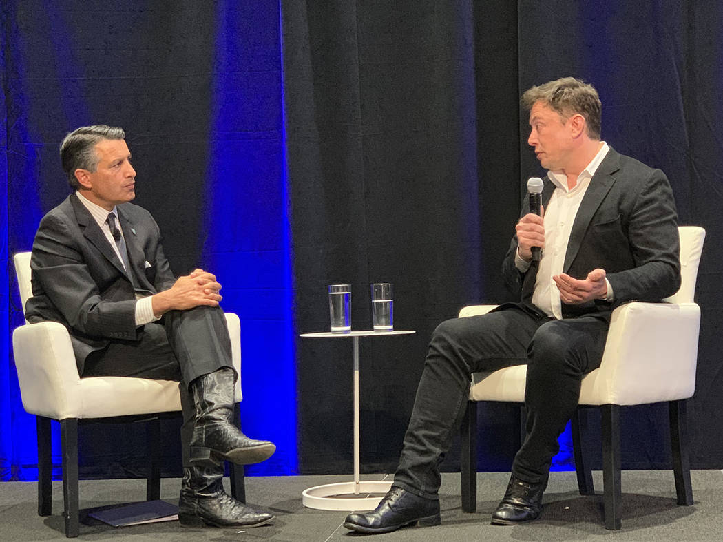 Gov. Brian Sandoval held a Q&A with Tesla founder Elon Musk at the company’s Gigafactory battery facility in Sparks on Tuesday, October 9, 2018, as part of a tech summit convened by the governor ...