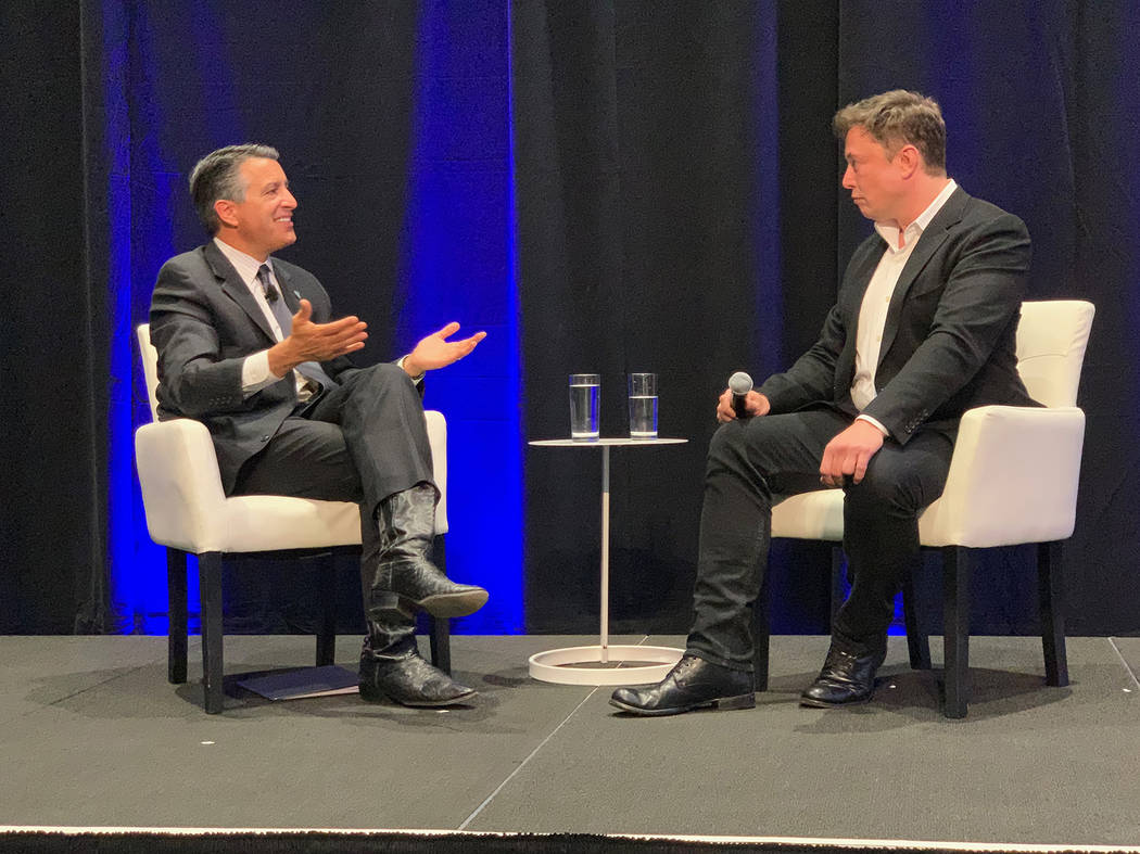 Gov. Brian Sandoval held a Q&A with Tesla founder Elon Musk at the company’s Gigafactory battery facility in Sparks on Tuesday, October 9, 2018, as part of a tech summit convened by the governor ...