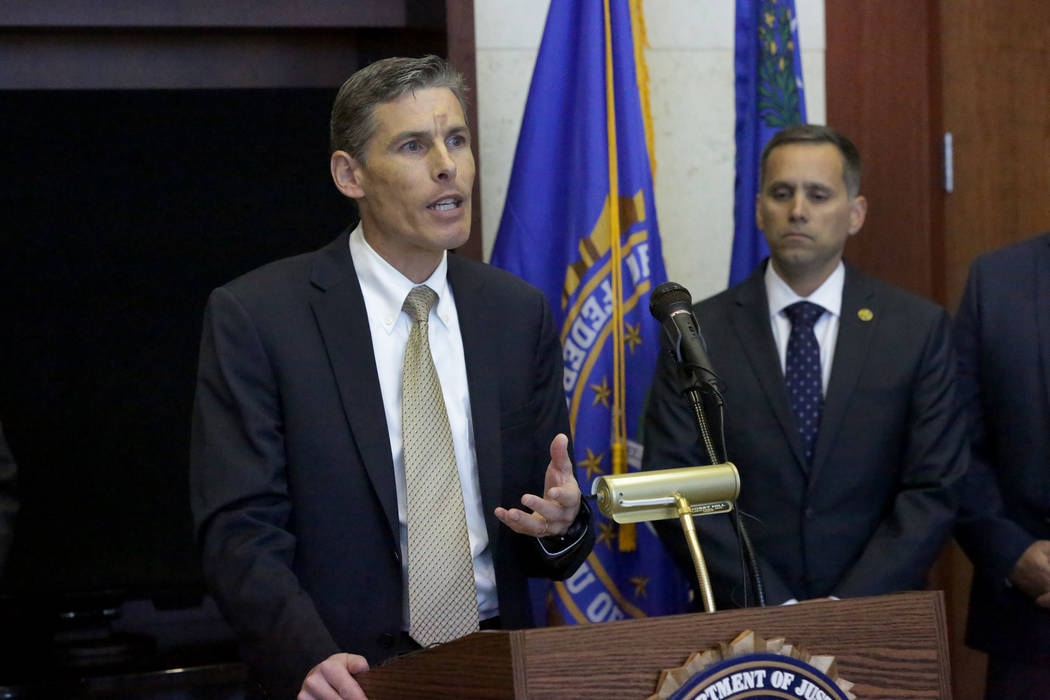 Executive Assistant United States Attorney Andrew Duncan speaks to the media about opioid prescription abuse in Nevada and the launch of an Opioid Awareness Campaign at the FBI John L. Bailey buil ...
