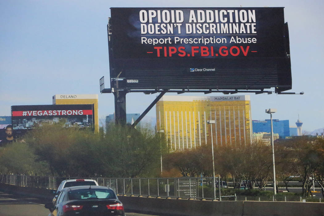 A digital billboard seeks public participation as part of an Opioid Awareness Campaign by the FBI and partner Clear Channel Outdoor on Wednesday, October 10, 2018. Michael Quine/Las Vegas Review-J ...