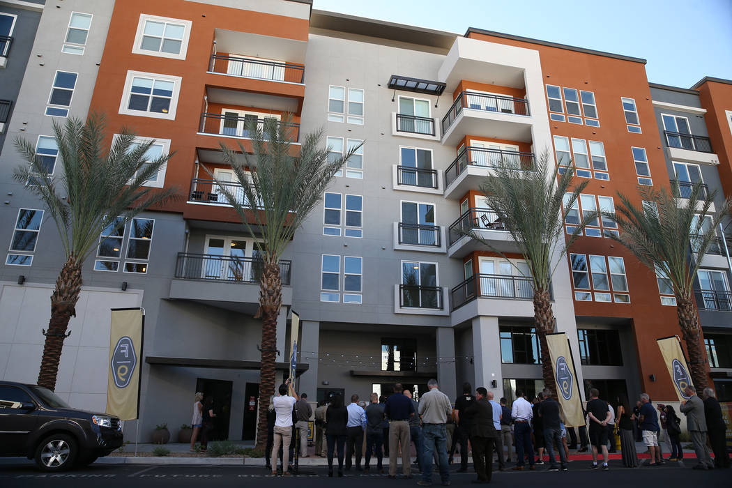 People attend the grand opening ceremony at Fremont9, a new apartment complex in downtown Las Vegas at Fremont and 9th Street in Las Vegas, Tuesday, Sept. 18, 2018. Erik Verduzco Las Vegas Review- ...