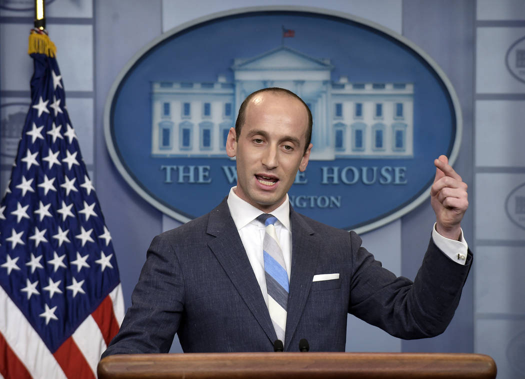 FILE - In this Aug. 2, 2017 file photo, White House senior policy adviser Stephen Miller speaks during the daily briefing at the White House in Washington. A California school district has suspend ...