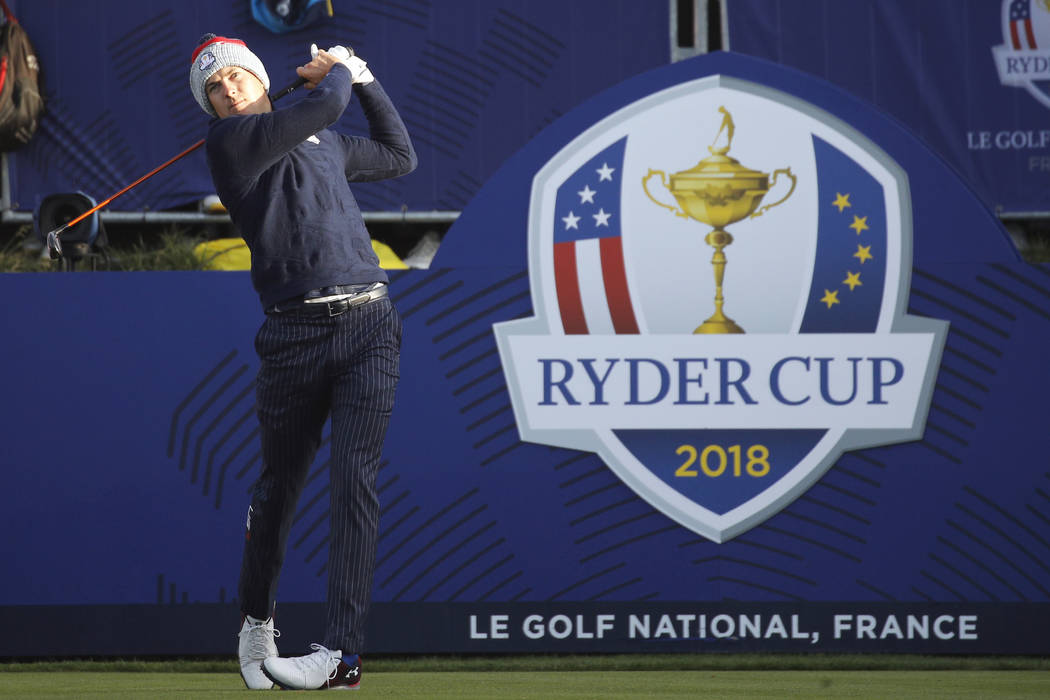 Jordan Spieth of the US tees off on the 1st hole during his four ball match on second day of the 2018 Ryder Cup at Le Golf National in Saint Quentin-en-Yvelines, outside Paris, France, Saturday, S ...