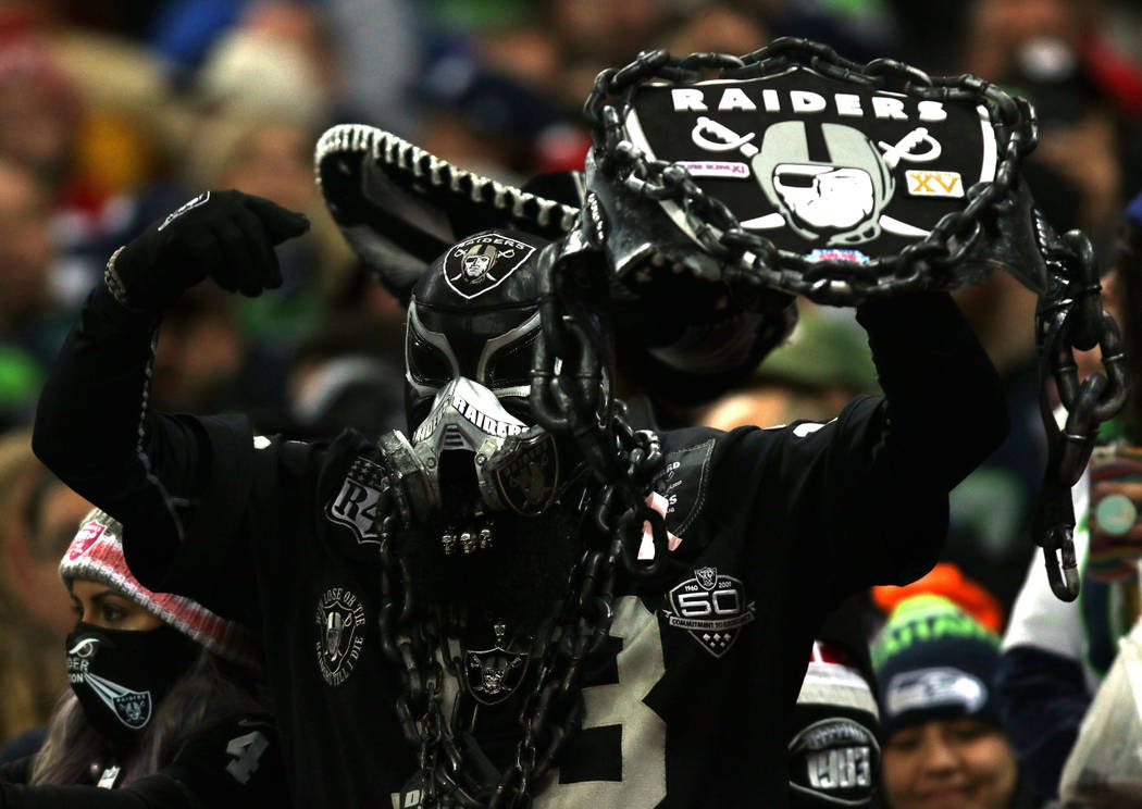 An Oakland Raiders fan during the first half of an NFL game against the Seattle Seahawks at Wembley Stadium in London, England, Sunday, Oct. 14, 2018. Heidi Fang Las Vegas Review-Journal @HeidiFang