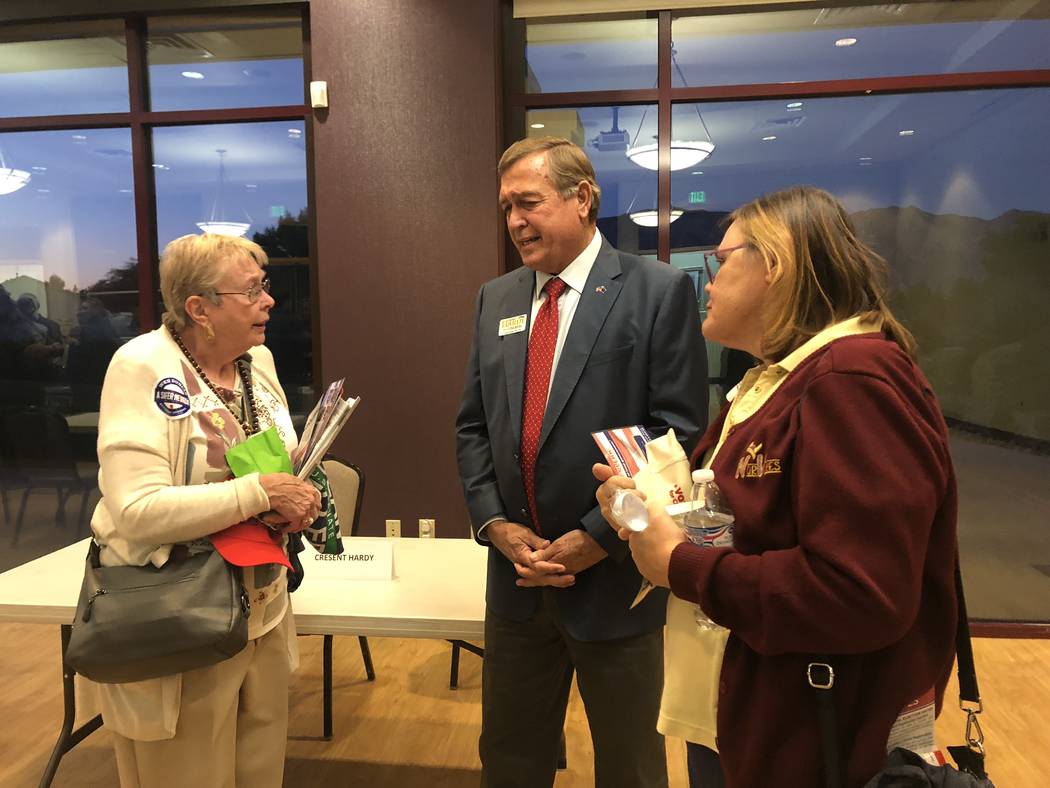 Republican Cresent Hardy, who is running in Nevada's 4th Congressional District, speaks with voters at a candidate meet-and-greet Monday hosted by the North Las Vegas Alliance of Homeowner Associ ...