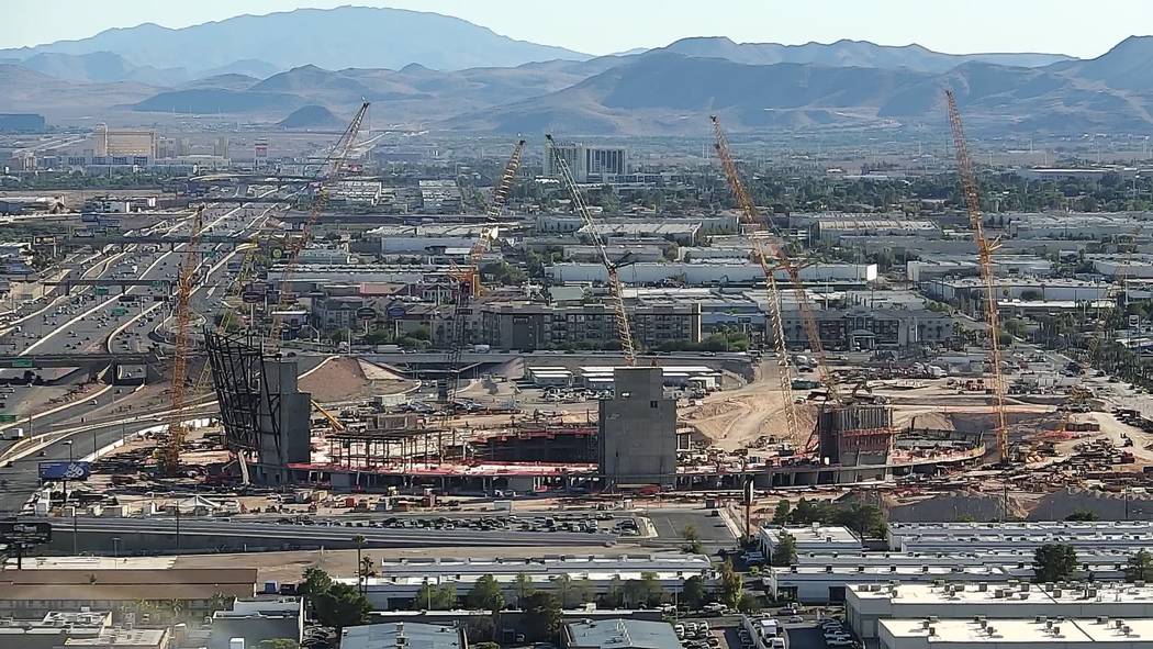 Aerial photo of Raiders stadium construction on Oct. 17, 2018 in Las Vegas. (Las Vegas Review-Journal)