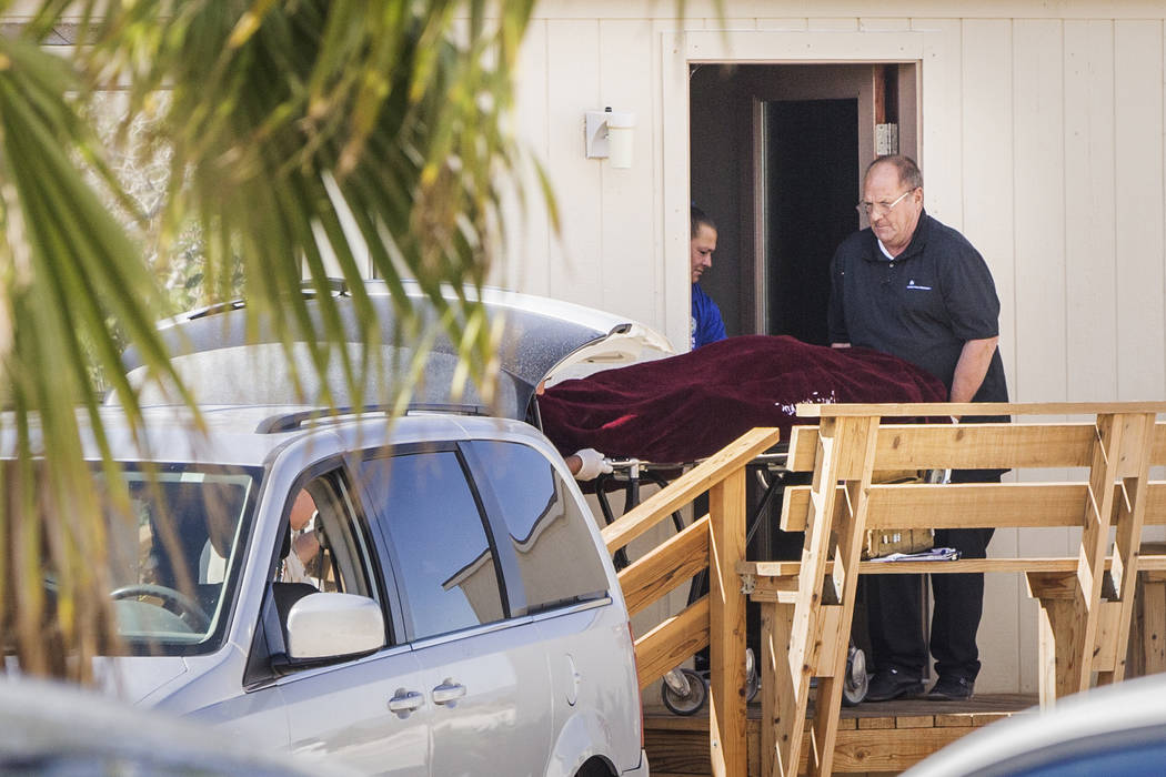 Dennis Hof, brothel owner and Republican candidate for state assembly, is taken from his room by Nye County law enforcement personnel after being found dead this morning at Dennis Hof's Love Ranch ...