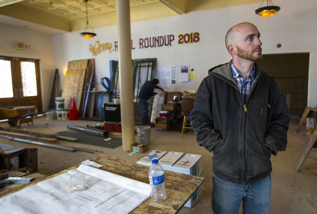 Ramsey Cline surveys the lobby area as renovations go on at the Belvada in Tonopah on Friday, Oct. 12, 2018. The Belvada originally opened as the State Bank and Trust Company Building in 1906. Cha ...