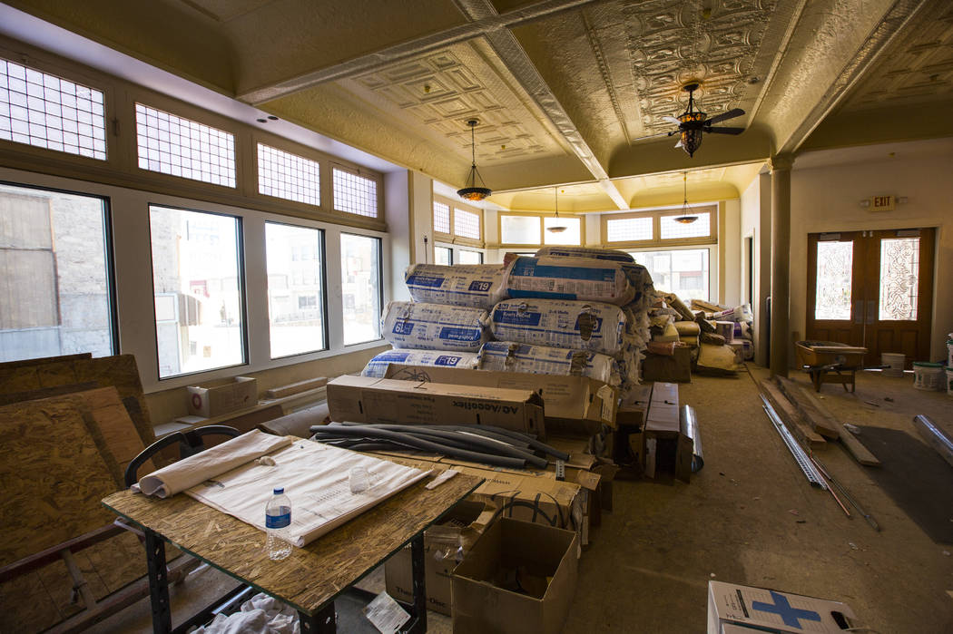Renovations go on in the lobby at the Belvada in Tonopah on Friday, Oct. 12, 2018. The Belvada originally opened as the State Bank and Trust Company Building in 1906. Chase Stevens Las Vegas Revie ...