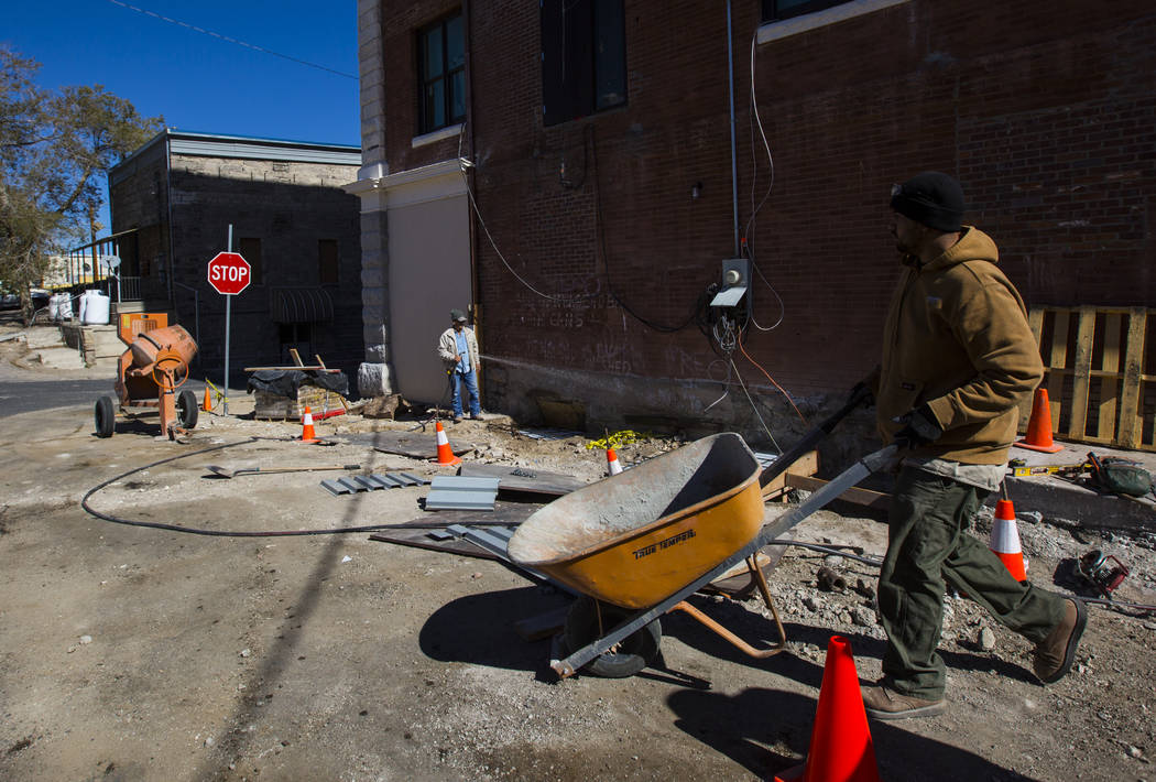 Construction workers make progress as renovations go on at the Belvada in Tonopah on Friday, Oct. 12, 2018. The Belvada originally opened as the State Bank and Trust Company Building in 1906. Chas ...