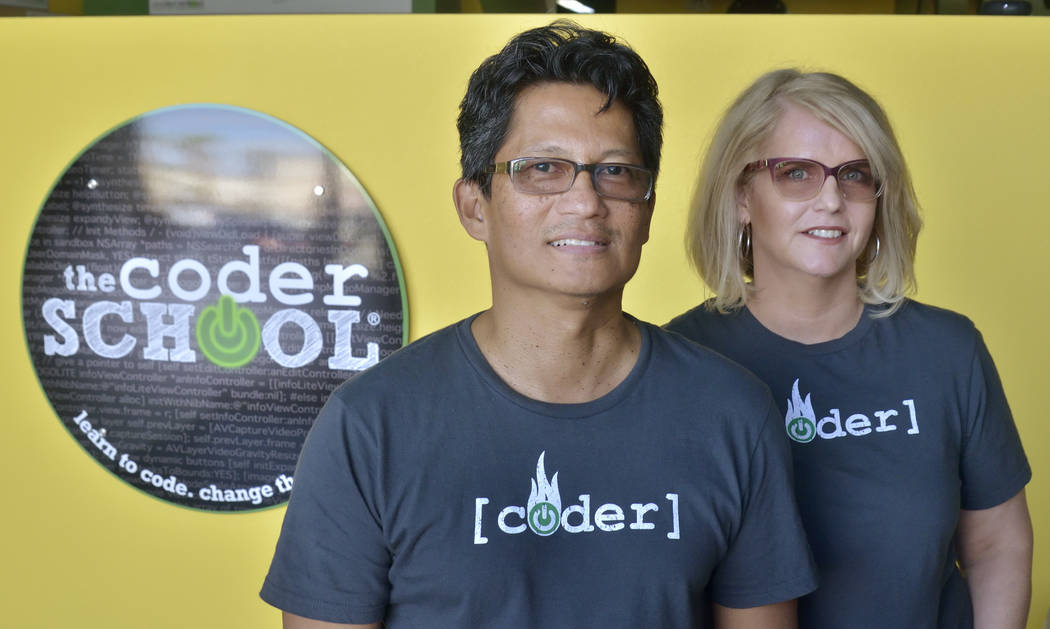 Franchisees Noel and Danielle Mateo are shown during the grand opening of theCoderSchool at 9330 W. Sahara Ave. in Las Vegas on Saturday, Oct. 20, 2018. Bill Hughes/Las Vegas Review-Journal