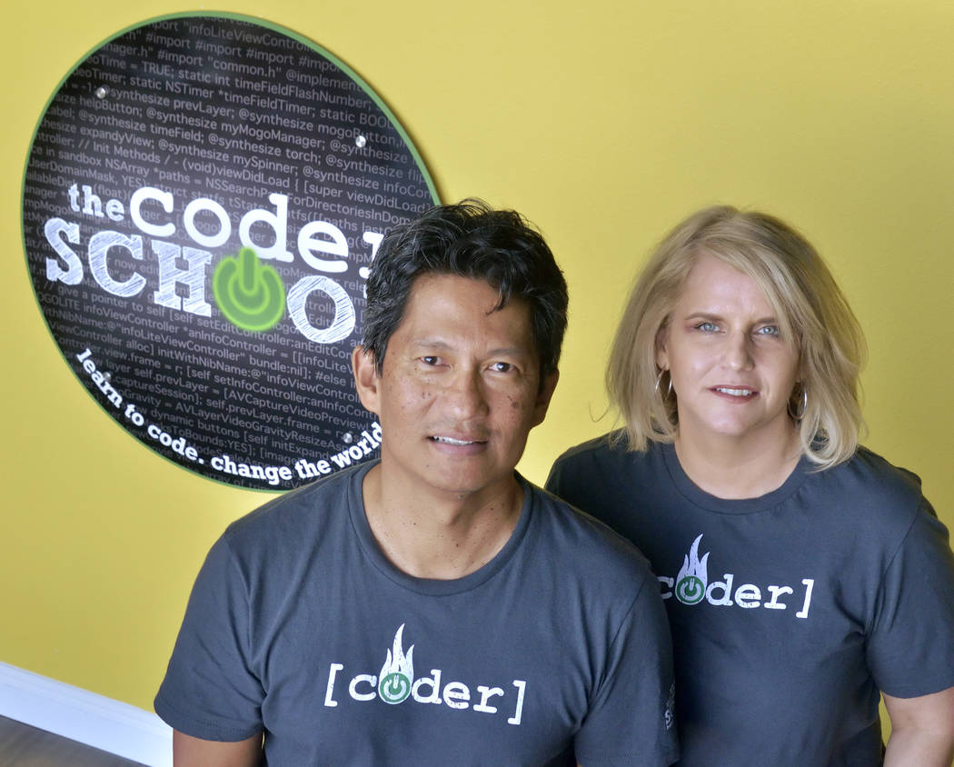 Franchisees Noel and Danielle Mateo are shown during the grand opening of theCoderSchool at 9330 W. Sahara Ave. in Las Vegas on Saturday, Oct. 20, 2018. Bill Hughes/Las Vegas Review-Journal