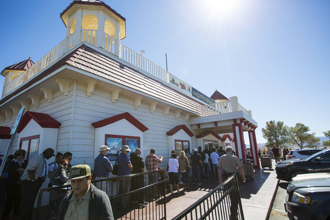 Hundreds line up outside of the Primm Valley Lotto Store as people wait to buy the Mega Millions lottery tickets in Primm on Thursday, Oct. 18, 2018. Chase Stevens Las Vegas Review-Journal @csstev ...