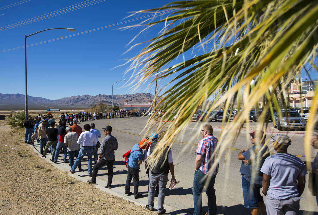 Hundreds line up outside of the Primm Valley Lotto Store as people wait to buy the Mega Millions lottery tickets in Primm on Thursday, Oct. 18, 2018. Chase Stevens Las Vegas Review-Journal @csstev ...