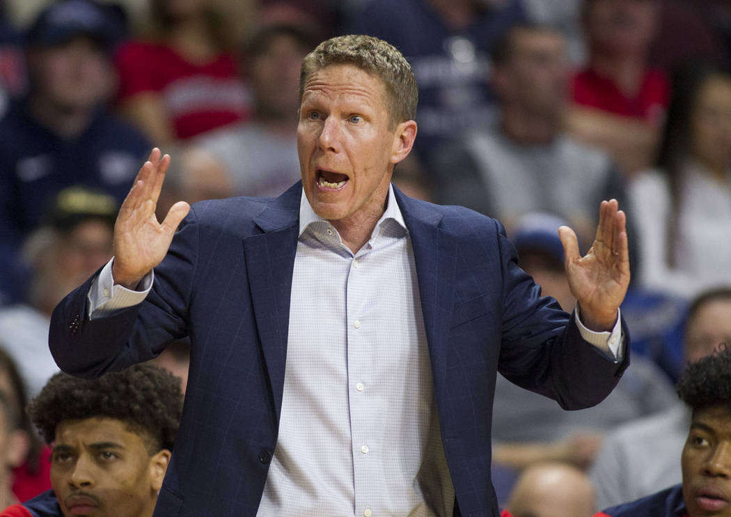 Gonzaga coach Mark Few questions a foul call during the second half of the  team's NCAA college basketball game against Loyola Marymount in the  quarterfinals of the West Coast Conference men's tour … |