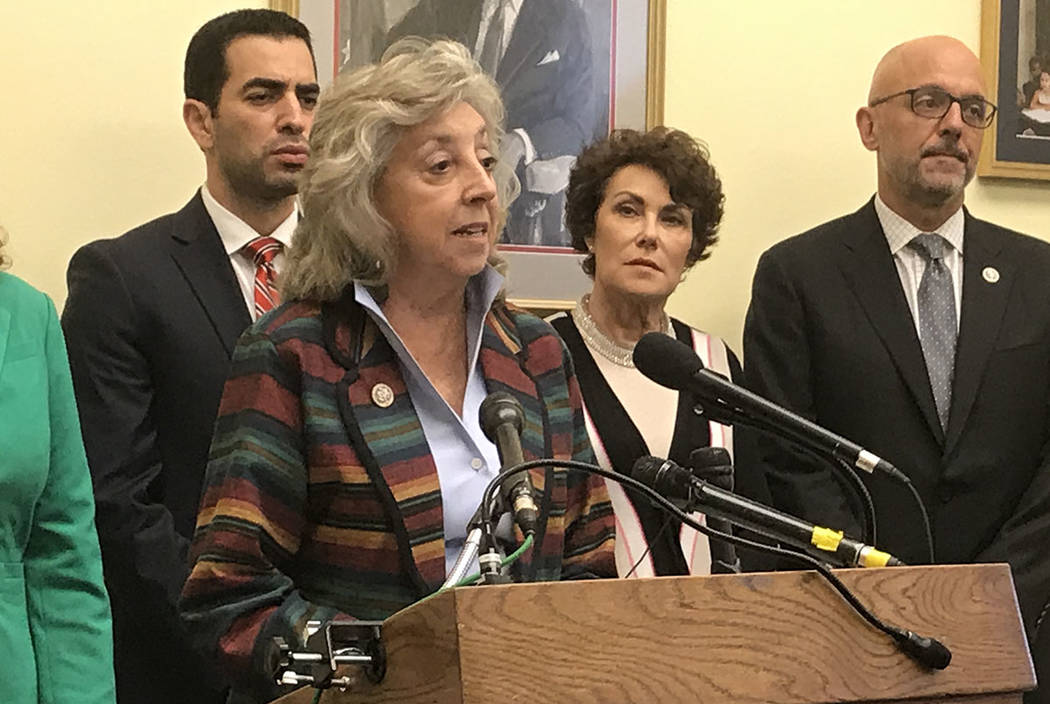 Rep. Dina Titus, D-Nev., unveils legislation to limit high-capacity ammunition clips at a Capitol Hill news conference. With her are several co-sponsors, from left: Rep. Ruben Kihuen, D-Nev., Rep. ...