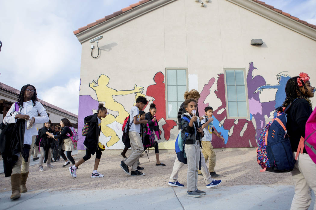 Students leave school after finishing for the day at the 100 Academy of Excellence, 2341 Comstock Drive, Wednesday, Nov. 30, 2016, North Las Vegas. (Elizabeth Brumley/Las Vegas Review-Journal @Eli ...