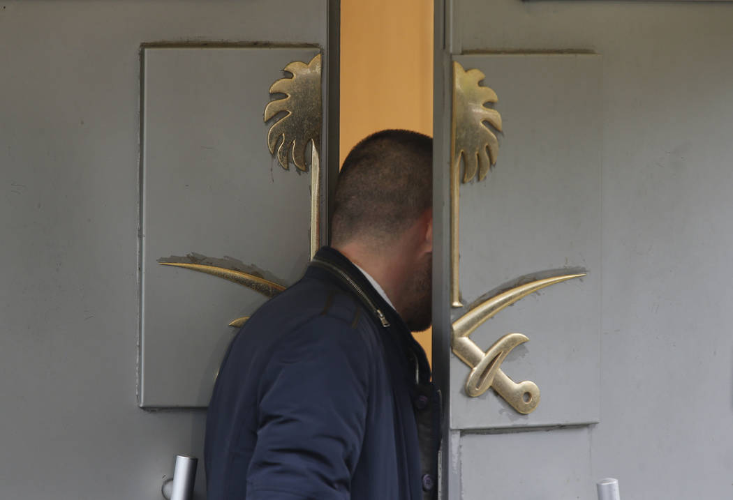A man enters Saudi Arabia's consulate in Istanbul, Friday, Oct. 19, 2018. A Turkish official said Friday that investigators are looking into the possibility that the remains of missing Saudi journ ...