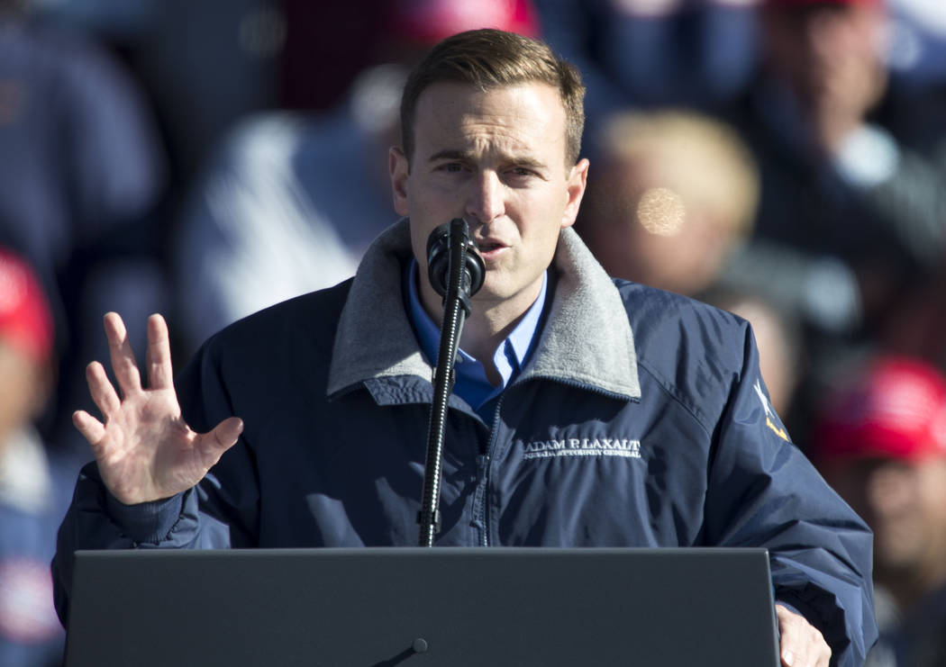 Republican gubernatorial candidate Adam Laxalt speaks at President Donald Trump's Make America Great Again Rally in Elko, Nevada on Saturday, Oct. 20, 2018. Richard Brian Las Vegas Review-Journal ...
