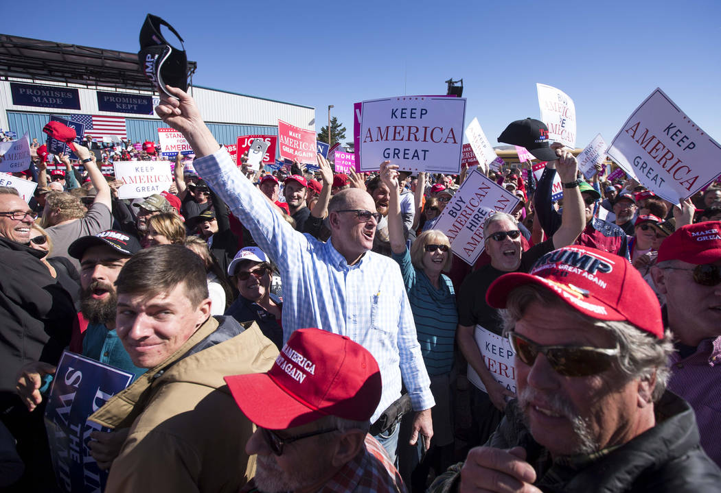 Supporters of President Donald Trump yell towards members of the media during a Make America Great Again Rally in Elko, Nevada on Saturday, Oct. 20, 2018. Richard Brian Las Vegas Review-Journal @v ...