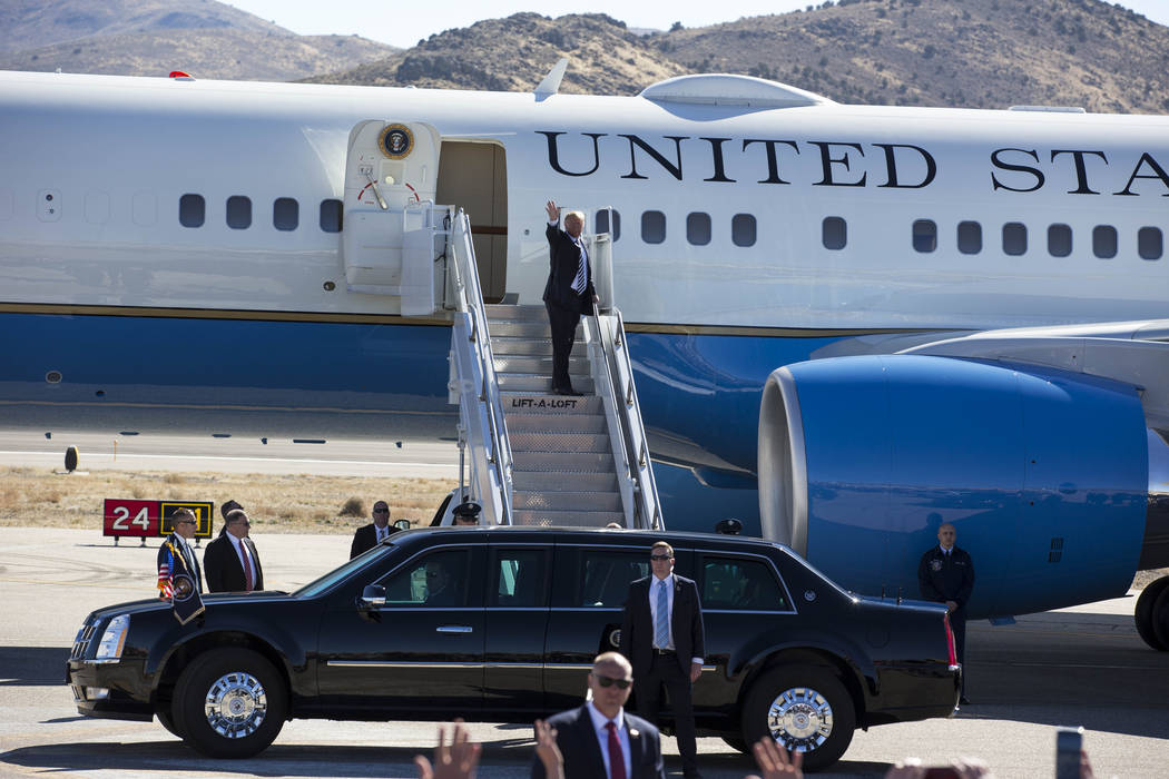 President Donald Trump boards Air Force One after a Make America Great Again Rally in Elko, Nevada on Saturday, Oct. 20, 2018. Richard Brian Las Vegas Review-Journal @vegasphotograph