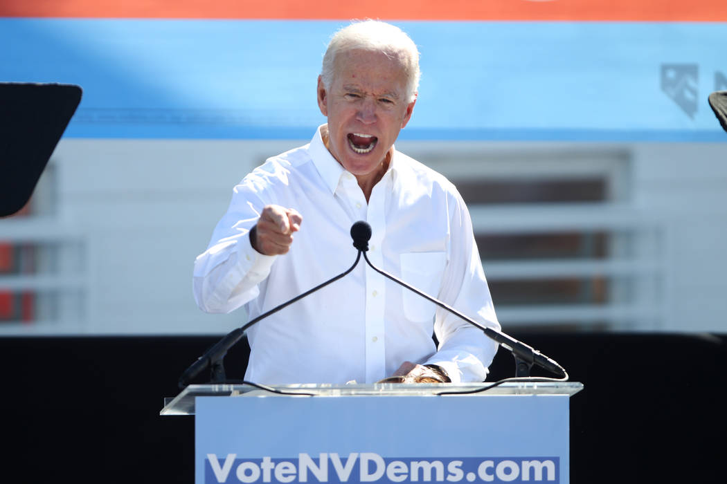 Former Vice President Joe Biden rallies the crowd during a Nevada State Democratic Party rally to promote voting at the Culinary Workers Union Local 226 headquarters in Las Vegas, Saturday, Oct. 2 ...