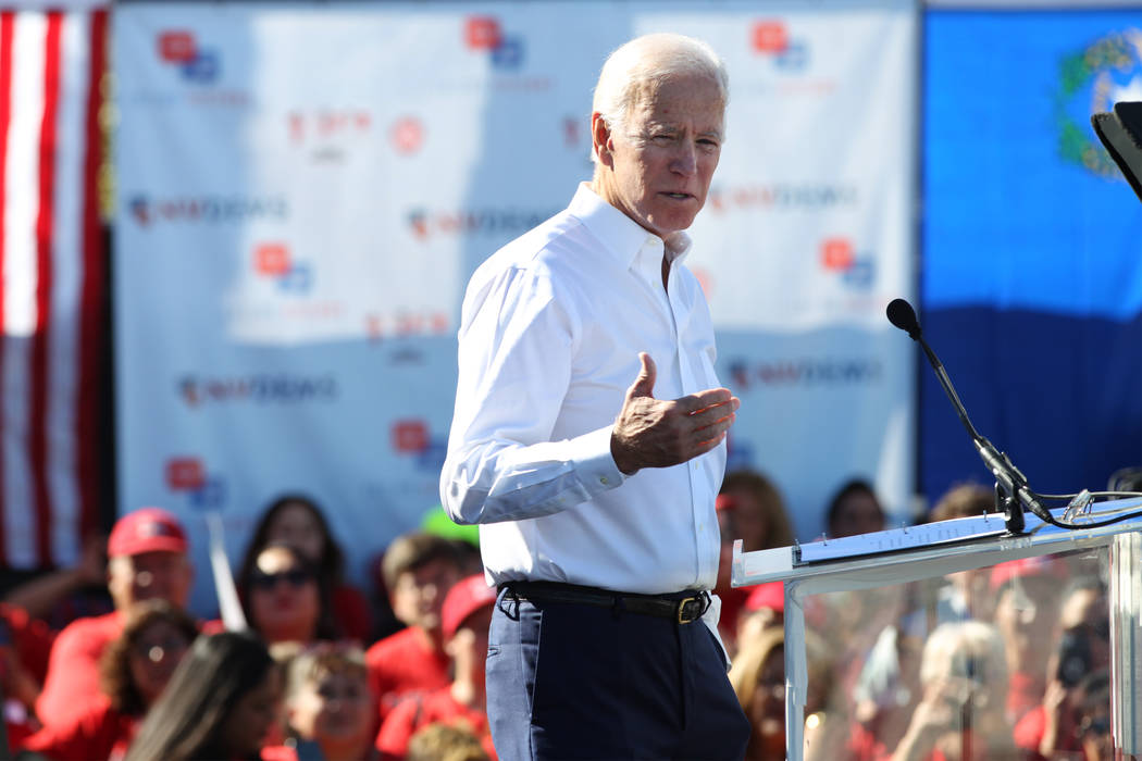 Former Vice President Joe Biden rallies the crowd during a Nevada State Democratic Party rally to promote voting at the Culinary Workers Union Local 226 headquarters in Las Vegas, Saturday, Oct. 2 ...