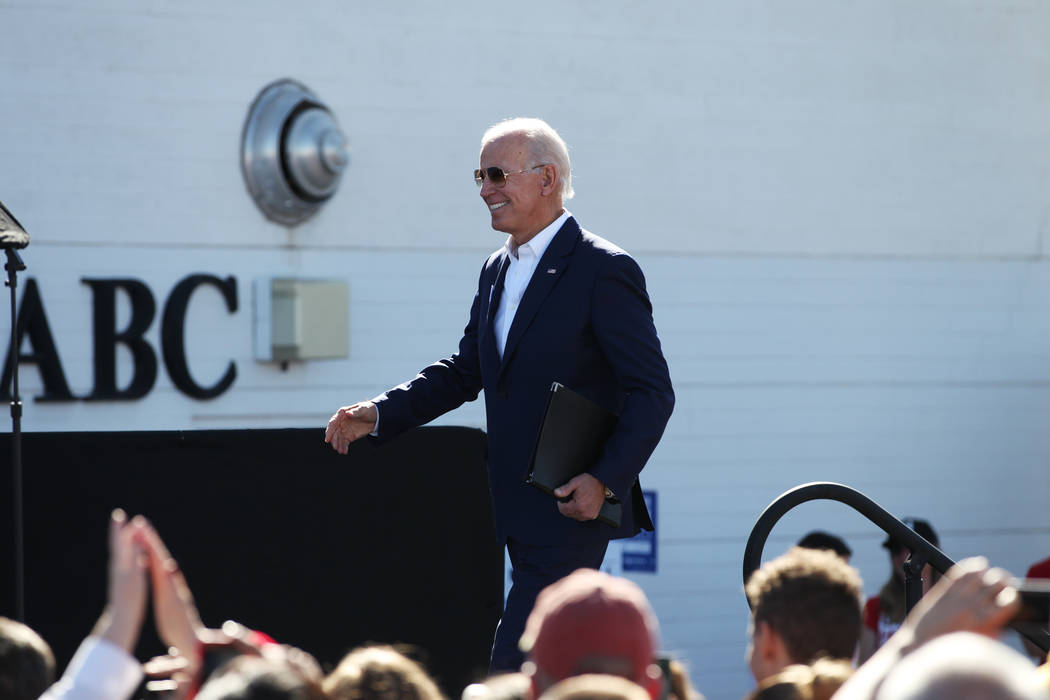 Former Vice President Joe Biden takes the stage during a Nevada State Democratic Party rally to promote voting at the Culinary Workers Union Local 226 headquarters in Las Vegas, Saturday, Oct. 20, ...