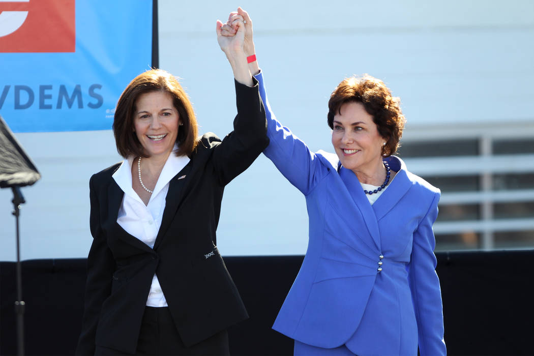 U.S. Sen. Catherine Cortez-Masto, left, and Rep. Jacky Rosen, during a Nevada State Democratic Party rally to promote voting at the Culinary Workers Union Local 226 headquarters in Las Vegas, Satu ...