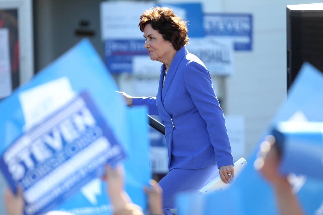 U.S. Rep. Jacky Rosen waits to take the stage during a Nevada State Democratic Party rally to promote voting at the Culinary Workers Union Local 226 headquarters in Las Vegas, Saturday, Oct. 20, 2 ...