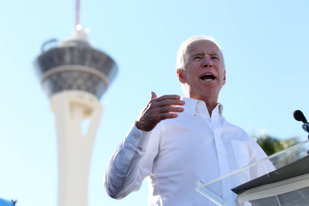 Former Vice President Joe Biden speaks to a crowd during a Nevada State Democratic Party rally to promote voting at the Culinary Workers Union Local 226 headquarters in Las Vegas, Saturday, Oct. 2 ...