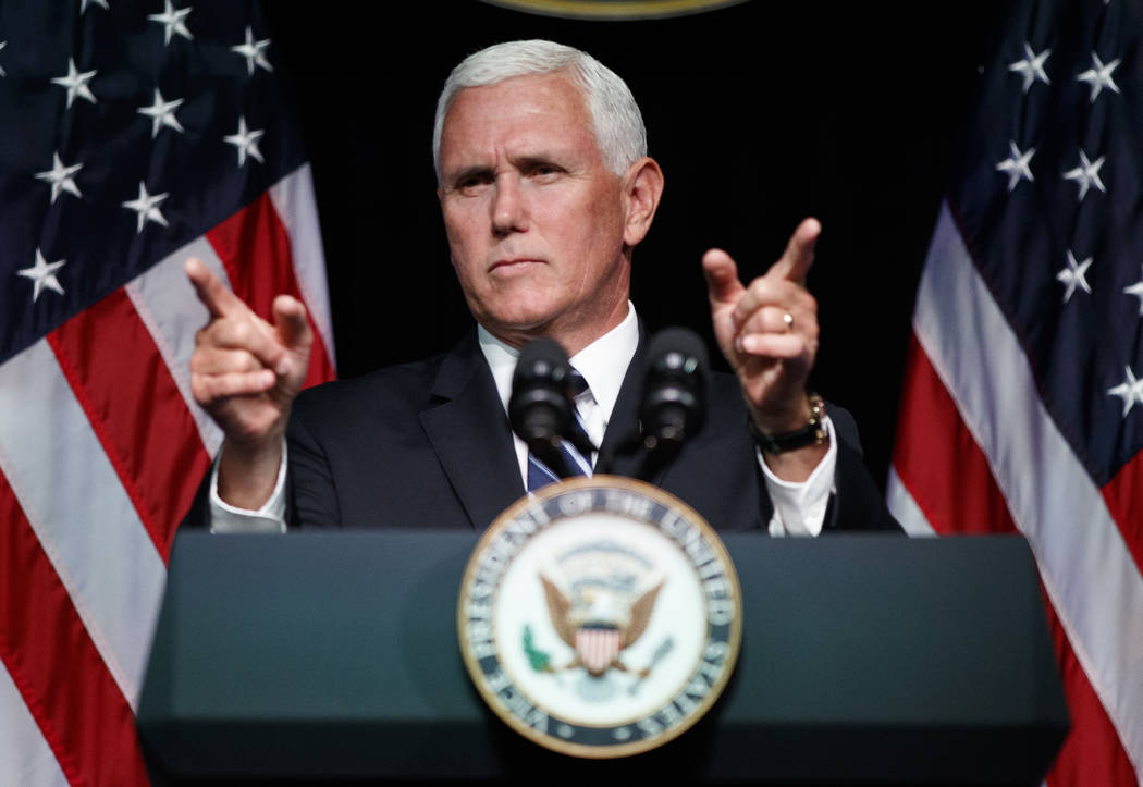 Vice President Mike Pence gestures during an event on the creation of a U. S. Space Force at the Pentagon on Aug. 9, 2018. With his demand that the Pentagon create a new military service — a Sp ...