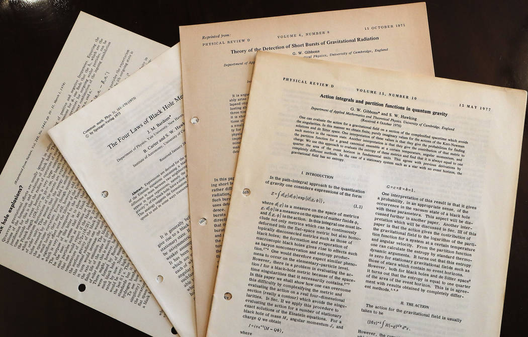 Documents and files by Stephen Hawking the personal and academic possessions of Stephen Hawking at the auction house Christies in London, Friday, Oct. 19, 2018. (AP Photo/Frank Augstein)