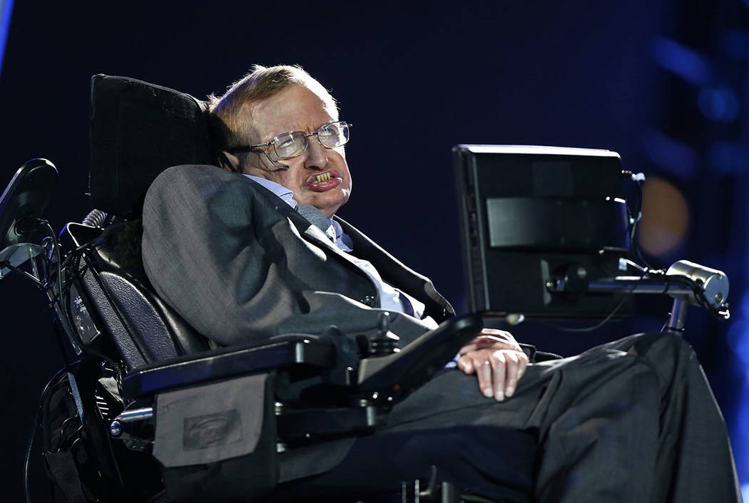 British physicist Professor Stephen Hawking speaks during the Opening Ceremony for the 2012 Paralympics in London, Wednesday Aug. 29, 2012. (AP Photo/Matt Dunham, file)