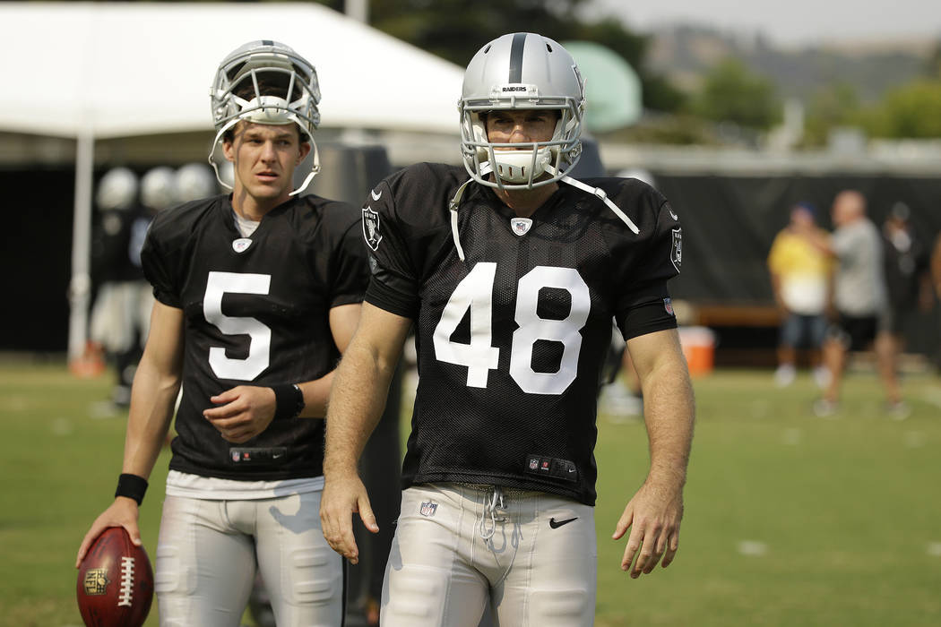 Oakland Raiders punter Johnny Townsend (5) and long snapper Andrew DePaola (48) during NFL football practice Tuesday, Aug. 7, 2018, in Napa, Calif. Both the Oakland Raiders and the Detroit Lions h ...