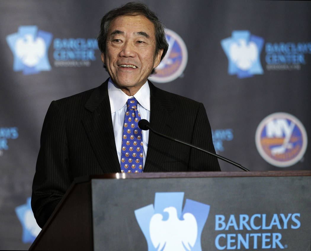 New York Islanders owner Charles Wang addresses the media during a press conference at Brooklyn's Barclays Center in 2012. (AP Photo/Kathy Willens, File)