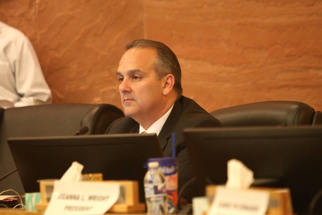 Clark County School Superintendent Jesus Jara listens at a CCSD board meeting at the Clark County Government Center in Las Vegas, Thursday, Aug. 9, 2018. (Rachel Aston Las Vegas Review-Journal @ro ...