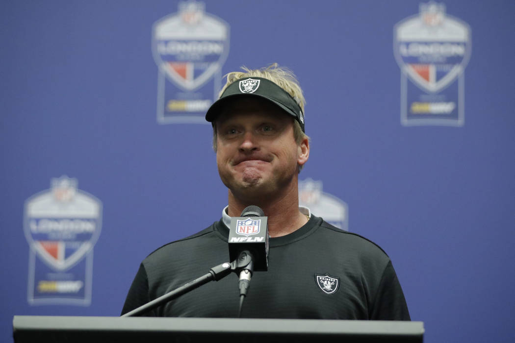 Oakland Raiders head coach Jon Gruden pauses during a press conference after an NFL football game against Seattle Seahawks at Wembley stadium in London, Sunday, Oct. 14, 2018. Seattle Seahawks won ...