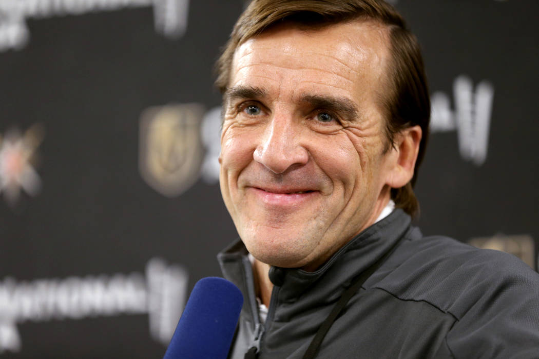Vegas Golden Knights general manager George McPhee during a news conference at City National Arena Monday, Sept. 10, 2018. McPhee talked about newly acquired forward Max Pacioretty forme ...