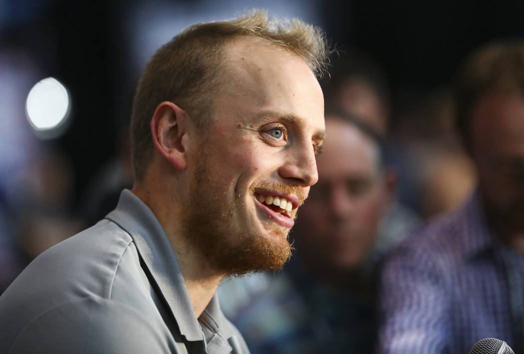Golden Knights defenseman Nate Schmidt speaks during NHL hockey media day for the Stanley Cup Final at the T-Mobile Arena in Las Vegas on Sunday, May 27, 2018. Chase Stevens Las Vegas Review-Journ ...