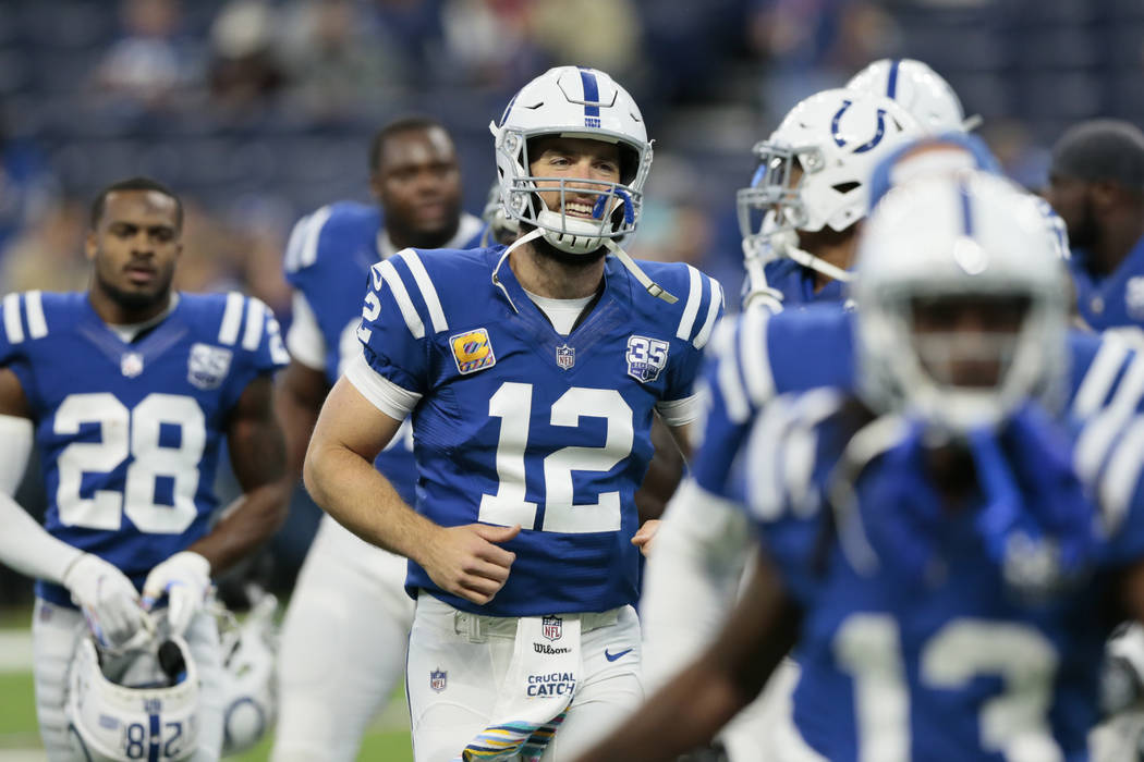 Indianapolis Colts quarterback Andrew Luck (12) before an NFL football game against the Buffalo Bills in Indianapolis, Sunday, Oct. 21, 2018. (AP Photo/AJ Mast)