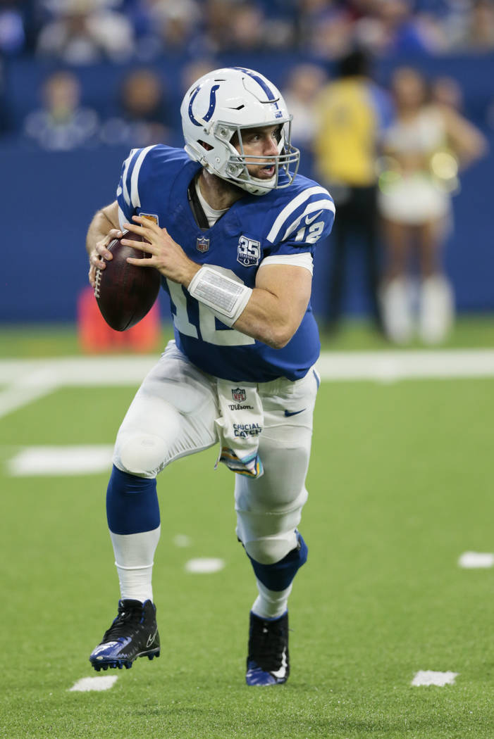 Indianapolis Colts quarterback Andrew Luck (12) throws against the Buffalo Bills during the second half of an NFL football game in Indianapolis, Sunday, Oct. 21, 2018. (AP Photo/AJ Mast)